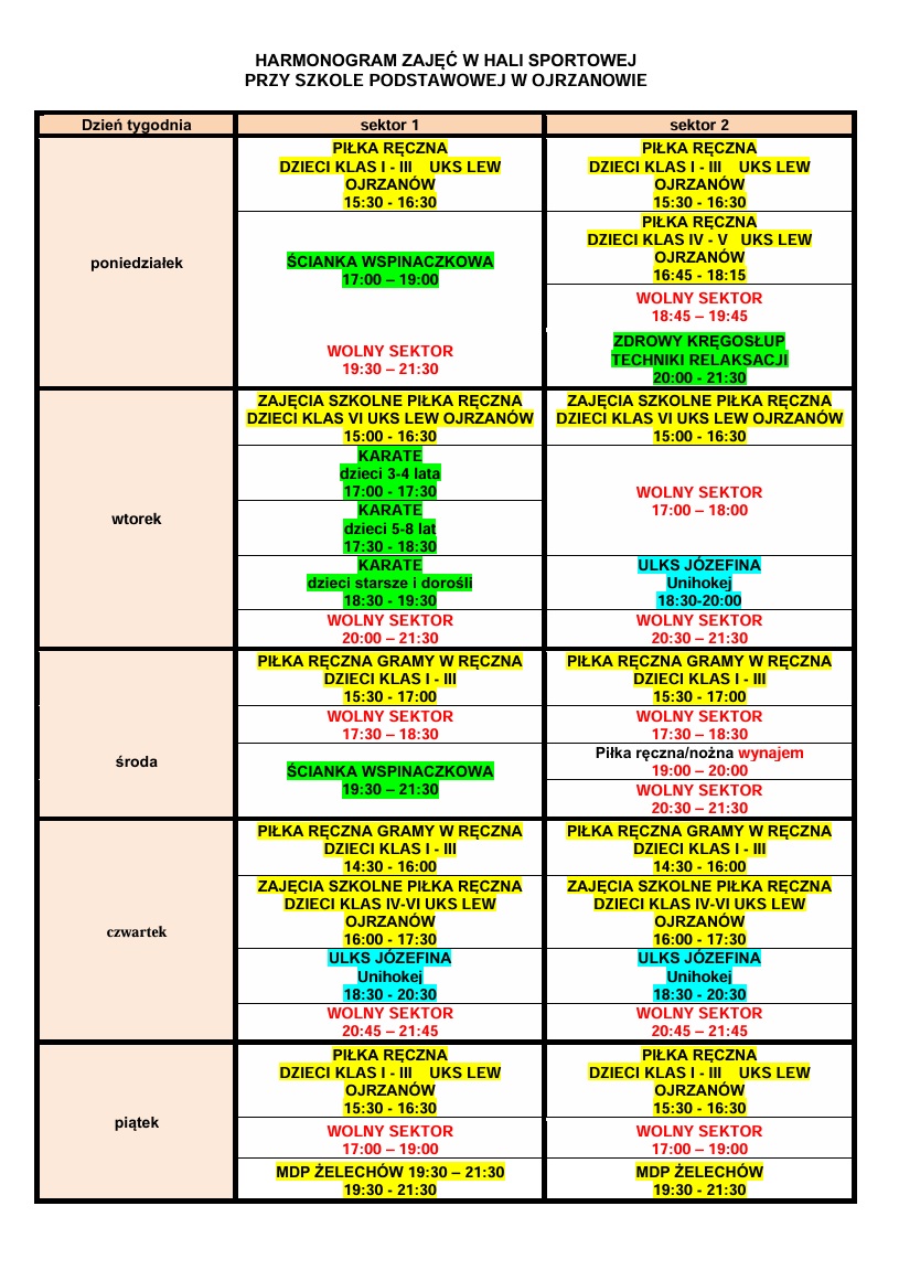 Harmonogram zajęć w hali sportowej SP Ojrzanów